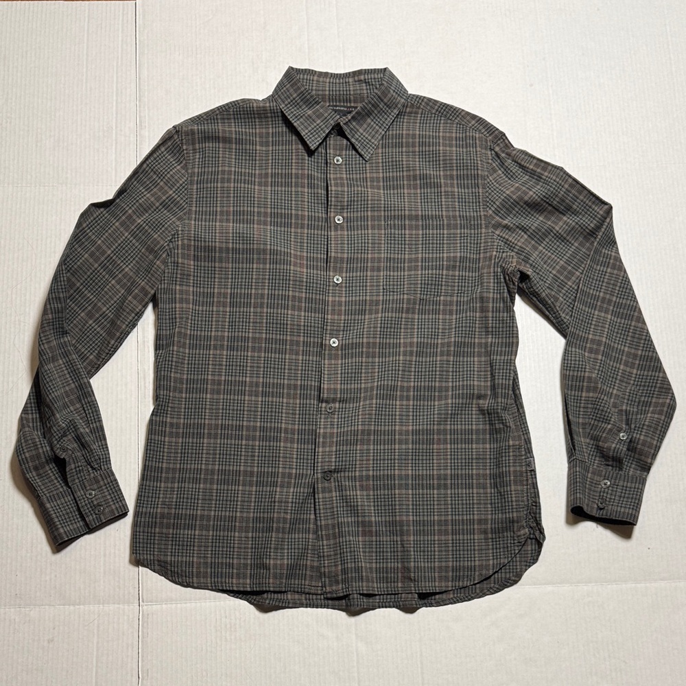 JOHN VARAVATOS USA Men's Olive Green Blue Plaid Shirt‎ Lightweight Cotton Size L